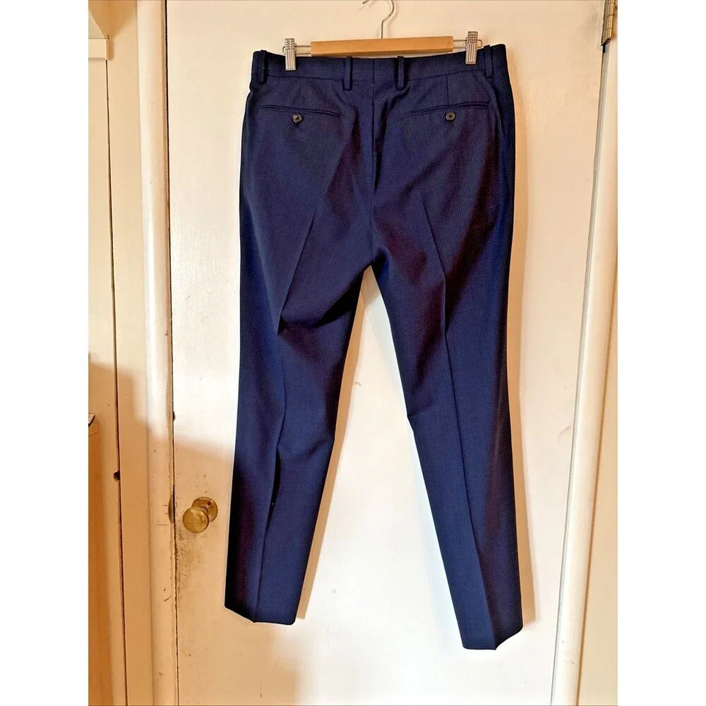 Theory Mayer Blue Wool Pattern Plaid Stretch Suit Pants | 33W - Picture 2 of 16
